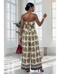 Mitchell Ivory Olive Print Strapless Jumpsuit