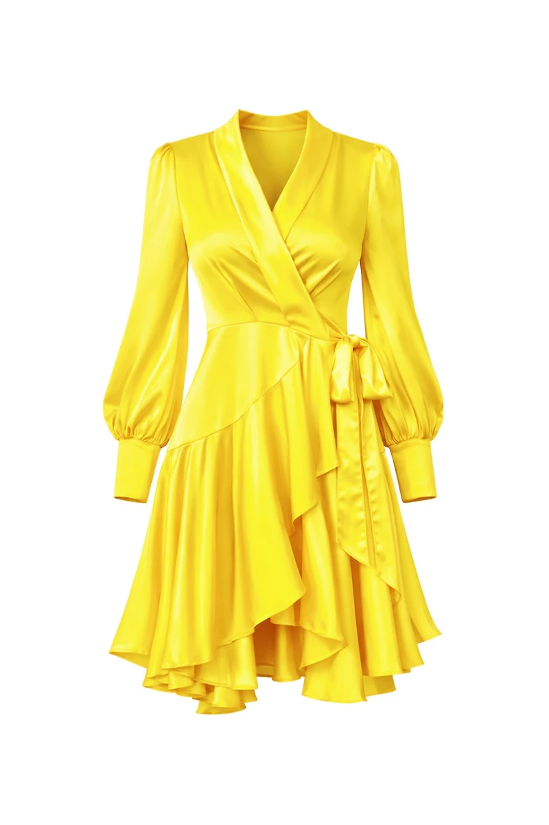 Lomanie Yellow Wrap High Low Ruffle Silky Dress (SHIPS 4/17)
