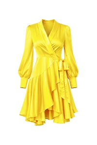 Lomanie Yellow Wrap High Low Ruffle Silky Dress (SHIPS 4/17)