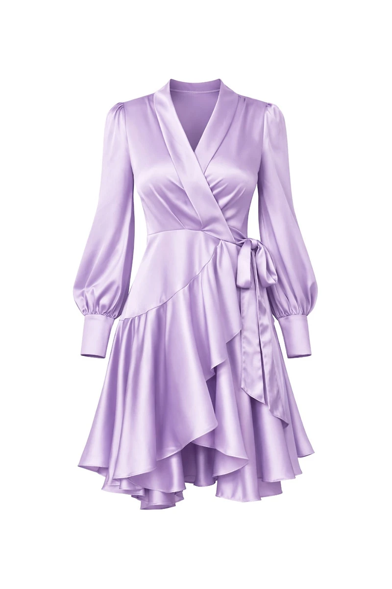 Lomanie Wrap High Low Ruffle Silky Dress (SHIPS 4/17