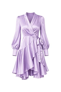 Lomanie Wrap High Low Ruffle Silky Dress (SHIPS 4/17