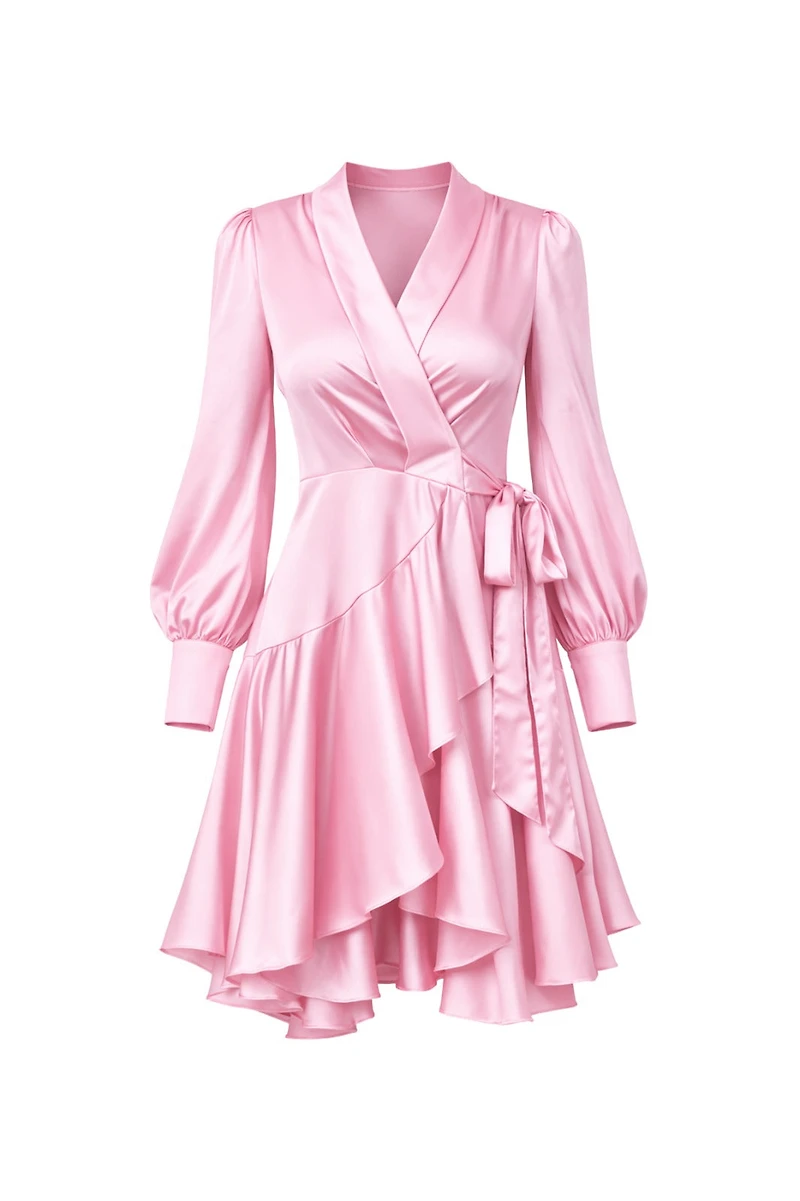 Lomanie Baby Pink Wrap High Low Ruffle Silky Dress (SHIPS 4/17)