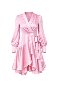 Lomanie Baby Pink Wrap High Low Ruffle Silky Dress (SHIPS 4/17)