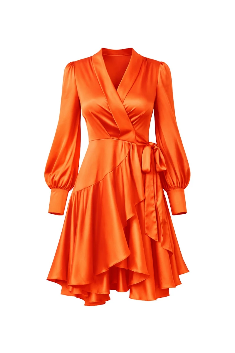 Lomanie Orange Wrap High Low Ruffle Silky Dress (SHIPS 4/17)