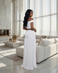 Venezia White Gold Broach Top & Maxi Skirt Set