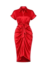 Gustave Red Draped Silky Midi Dress