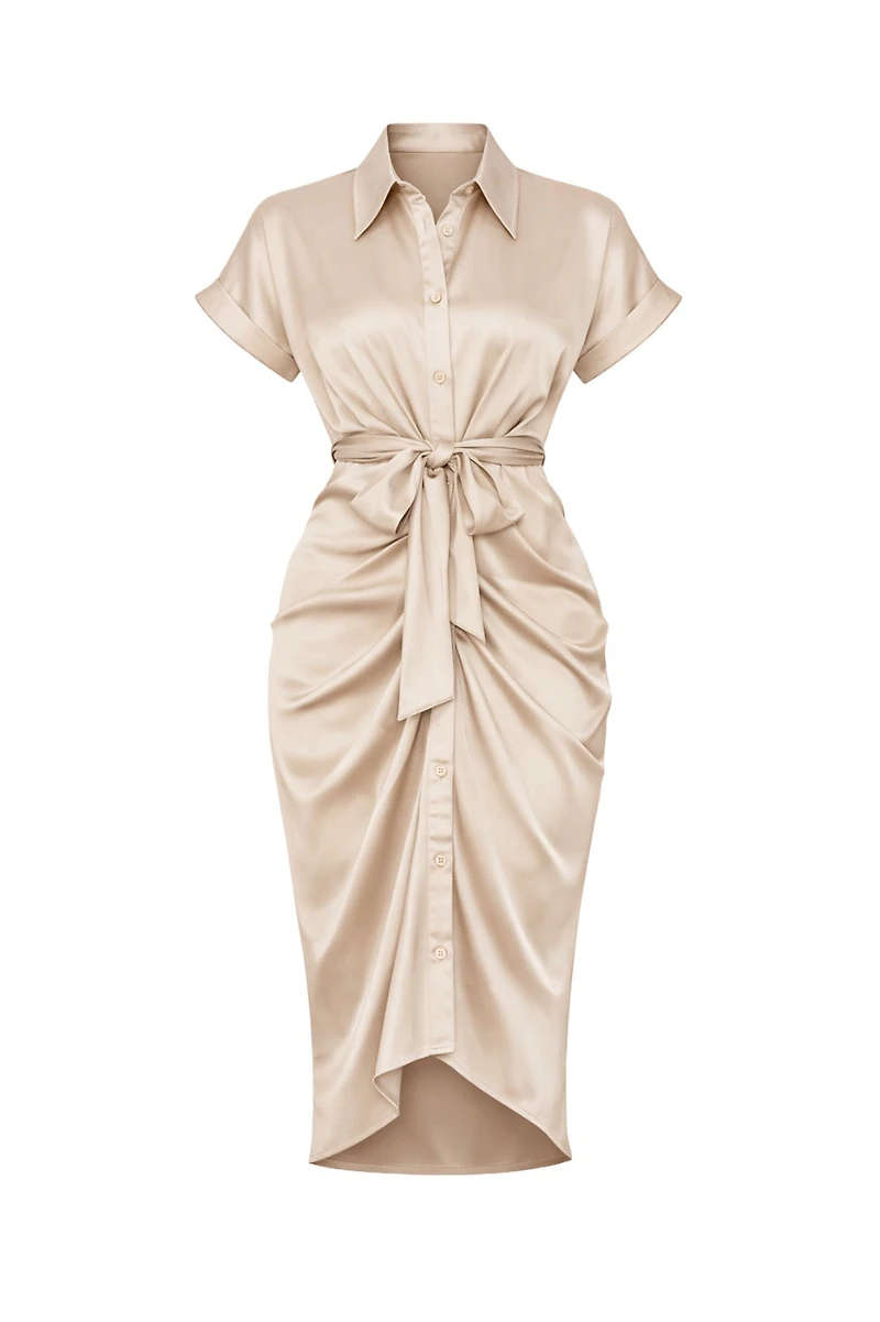 Gustave Champagne Draped Silky Midi Dress