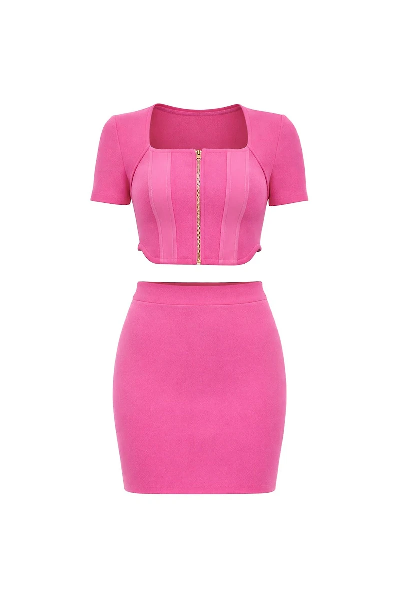 Chayo Pink Leather Accents Top & Mini Skirt Set