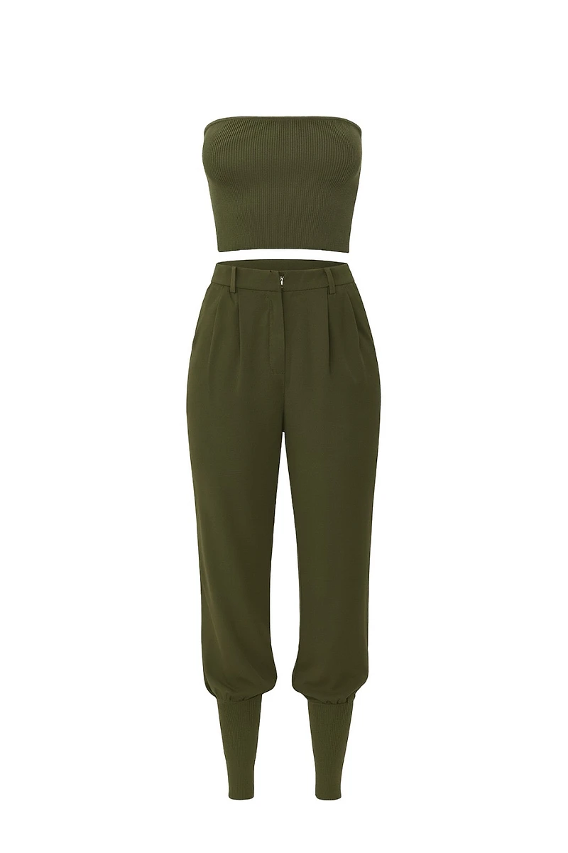 Zayla Deep Olive Green Top & Balloon Pants Set