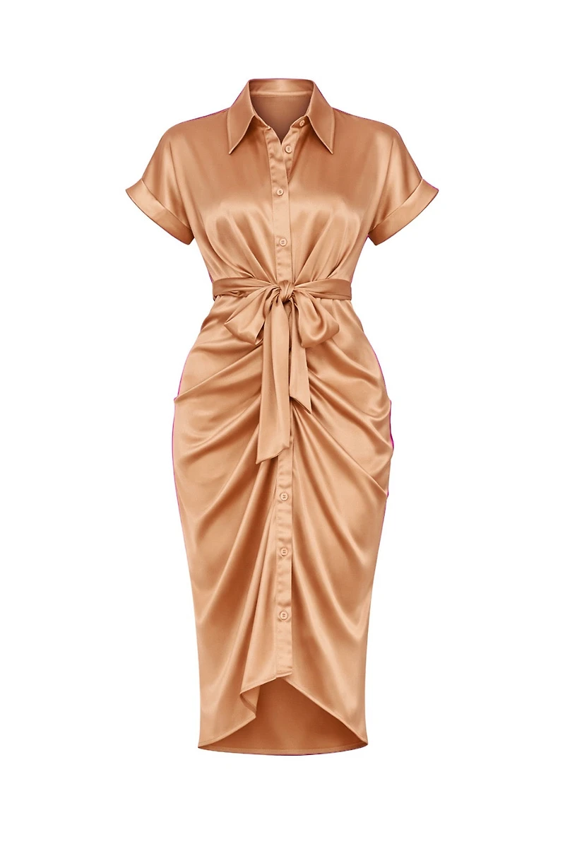 Gustave Tan Draped Silky Midi Dress