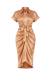 Gustave Tan Draped Silky Midi Dress