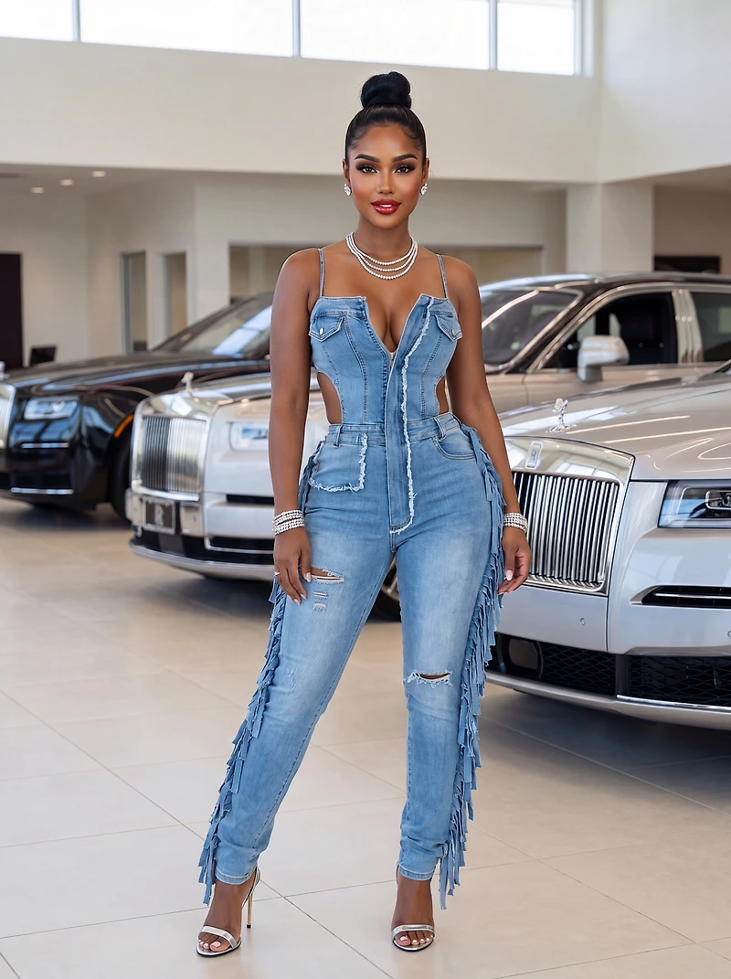 Lamia Blue Denim Cut-Out Fringe Jumpsuit