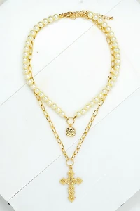 Maury Gold Two Strand with Pearl and Cross Pendant Necklace