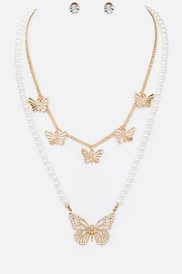 *Capri Gold Multi Layer Pearl & Butterfly Embellished Necklace Set