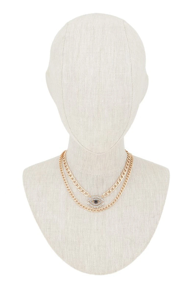 Cierra Evil Eye Pendant Cuban Chain Layered Necklace