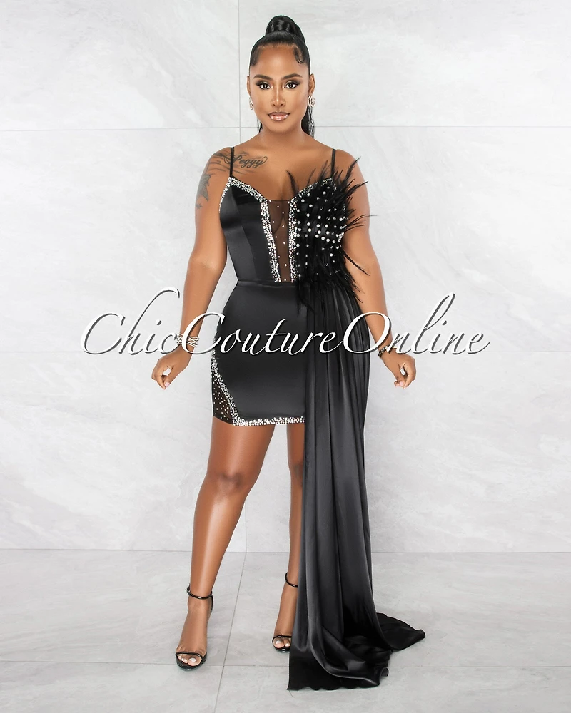 *Udar Black Feather Rhinestones Train Dress