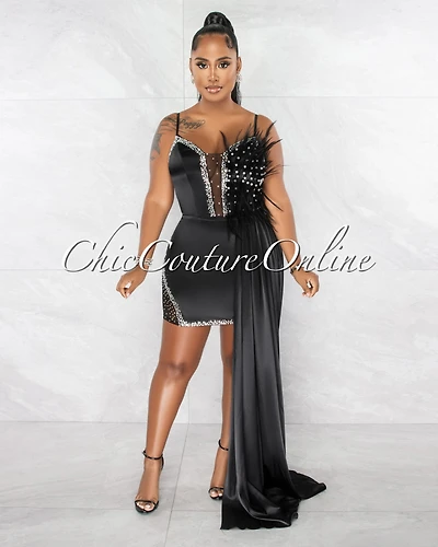 *Udar Black Feather Rhinestones Train Dress