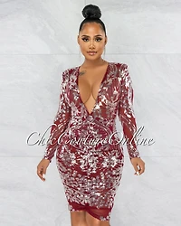 *Jimee Burgundy Silver Sequins Drape Midi Dress