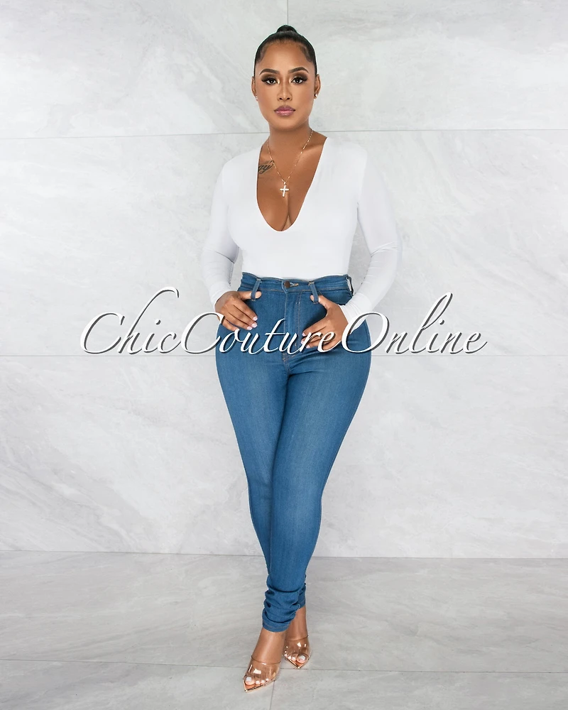 *Nilam White Depp V Neck Long Sleeves Bodysuit