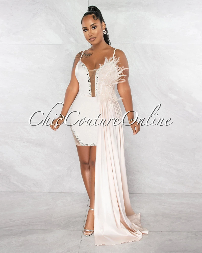 *Udar Light Peach Feather Rhinestones Train Dress