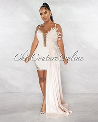 *Udar Light Peach Feather Rhinestones Train Dress