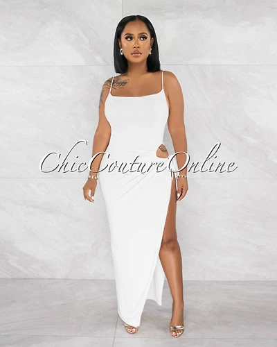 *Siyana Off-White Cut-Out Side Slit Double Lined Maxi Dress