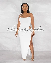 *Siyana Off-White Cut-Out Side Slit Double Lined Maxi Dress