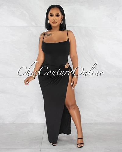 *Siyana Black Cut-Out Side Slit Double Lined Maxi Dress