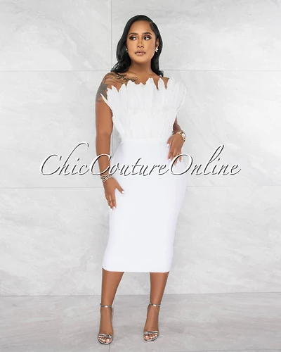 *Tempest Off-White Feather Neckline Midi Bandage Dress