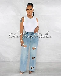 *Crislet Washed Denim Rhinestones Heart Key-Hole Jeans