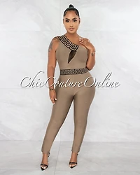 *Linnea Nude Black Fret Trim Single Shoulder Bandage Jumpsuit