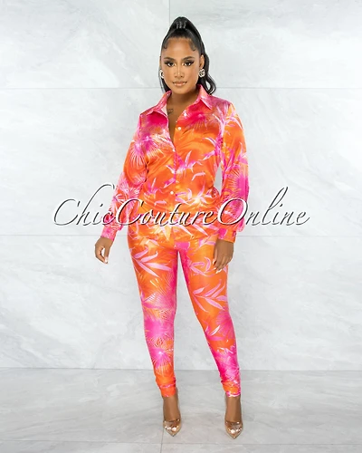 Dabney Orange Palm Print Satin Shirt & Leggings Set