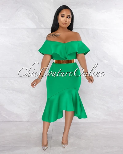 *Temira Green Ruffle Off-The-Shoulder Ponti Dress