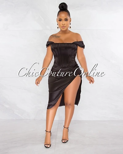 *Suyen Black Satin Drape Corset Midi Dress