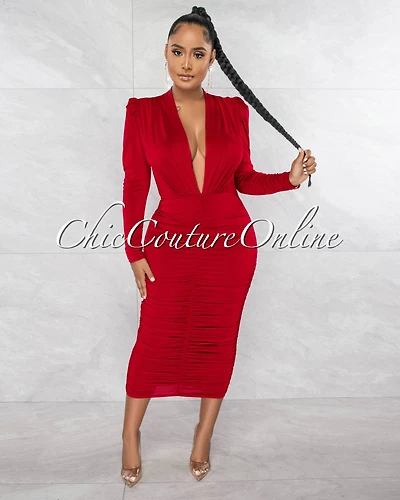 Yelena Red Deep V-Neck Ruched Midi Dress