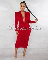 Yelena Red Deep V-Neck Ruched Midi Dress