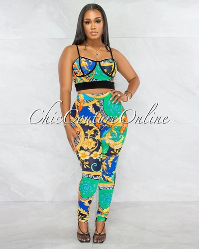 Deborah Green Multi-Color Crop Top & Leggings Set