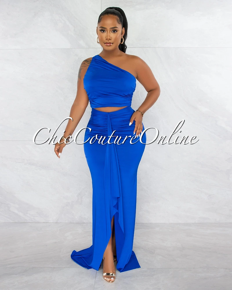 *Jeremiah Royal Blue Draped Crop Top & Maxi Skirt Set