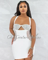 *Variya White Keyhole Mesh Rhinestones Mini Dress