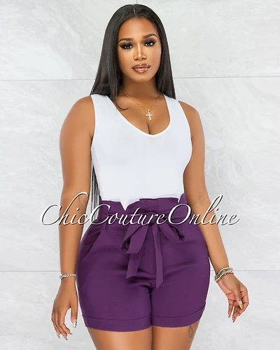 Parthenia Eggplant  Paper Bag Waist Self-Tie Belt Shorts