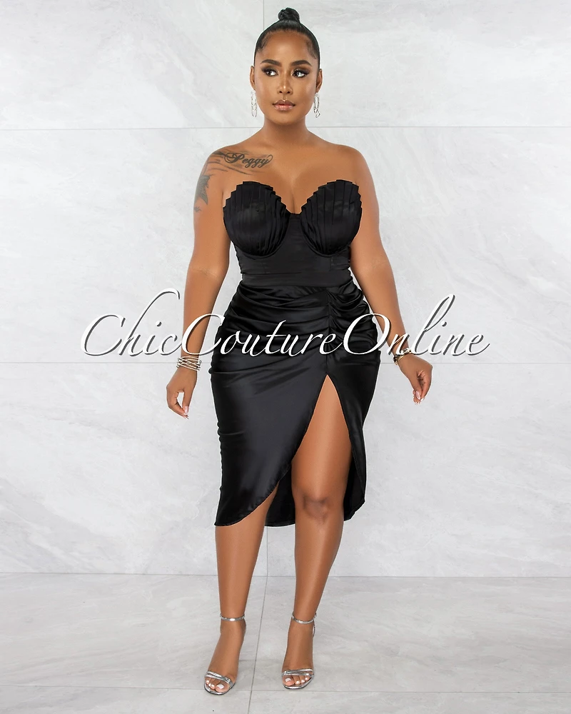 *Merritt Black Pleated Cups Top & Drape Midi Skirt Silky Set