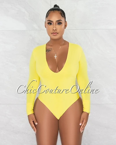 *Nilam Yellow Depp V Neck Long Sleeves Bodysuit