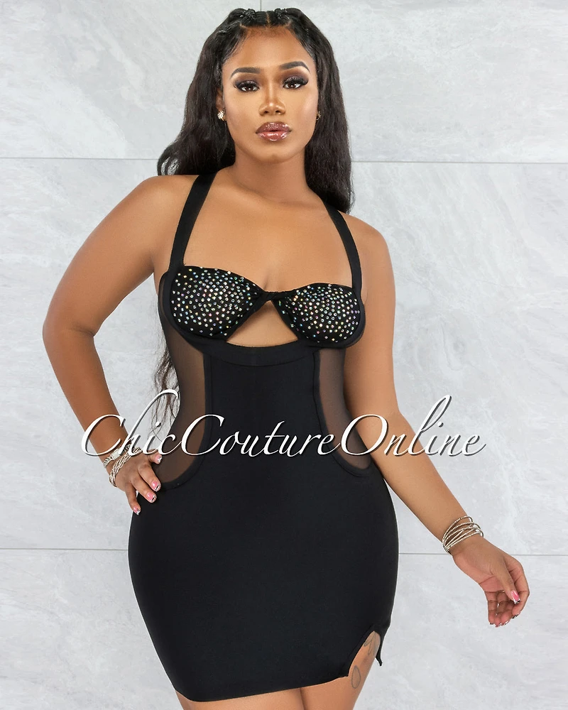 *Variya Black Keyhole Mesh Rhinestones Mini Dress