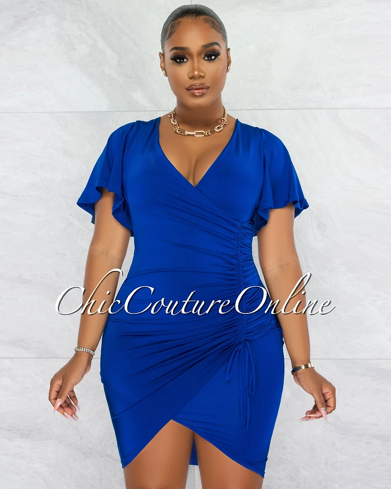 *Dalie Royal Blue Wrap Ruched Side Midi Dress
