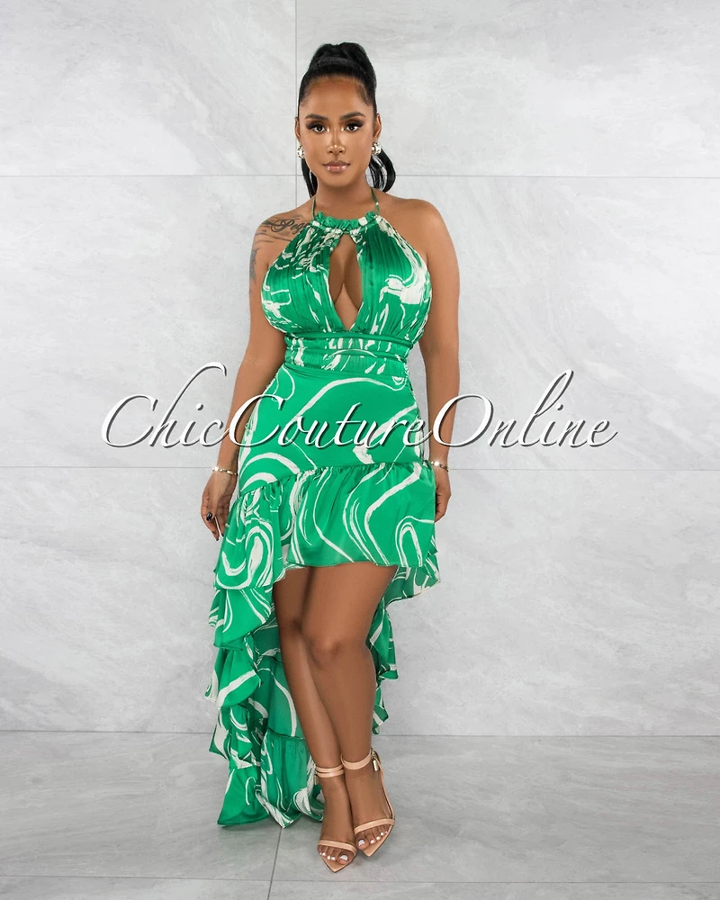 *Howard Green White Print Ruffle Hi-Lo Silky Dress
