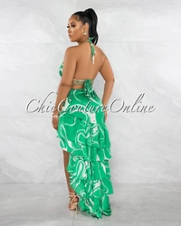 *Howard Green White Print Ruffle Hi-Lo Silky Dress