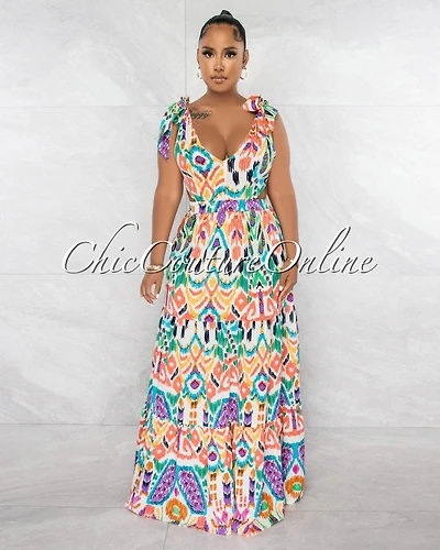 *Perez Ivory Multi-Color Print Cut-Out Maxi Dress