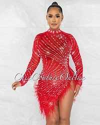 *Rhesa Red Rhinestones Pearls & Feathers Mesh Mini Dress