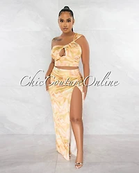 *Lilith Yellow Print Top & Knot Midi Skirt Silky Set