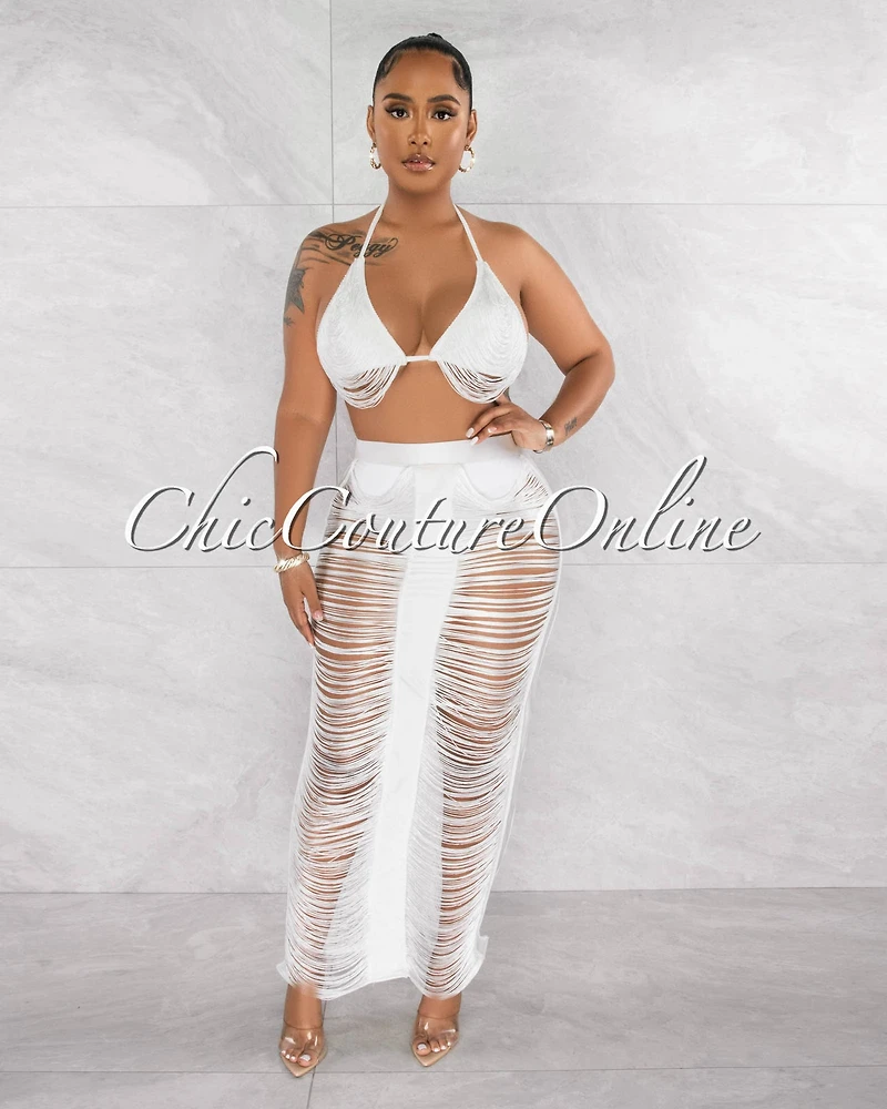 Ivania Off-White Fringe Cover-Up Maxi Skirt Set
